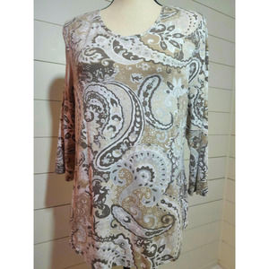 Chico's Size 1 Paisley  top, 3/4 length sleeves, brown, tan, cream